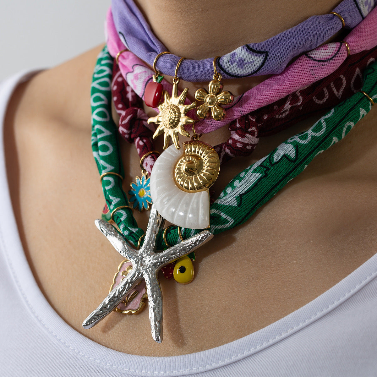 Collar de bufanda de seda con colgante de estrella de mar y caracola de viento oceánico para mujer, joyería de acero inoxidable con forma de animal