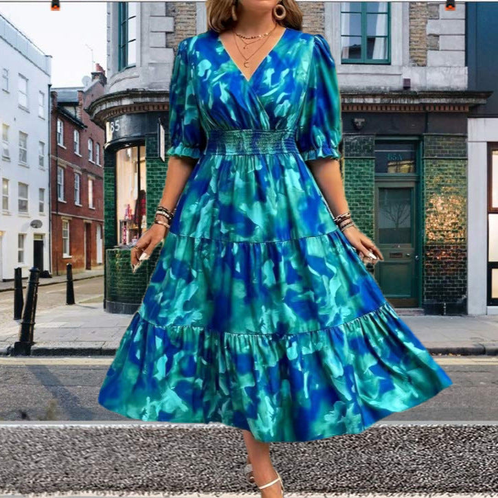 Elegant Plus Size Floral Print V-Neck Dress