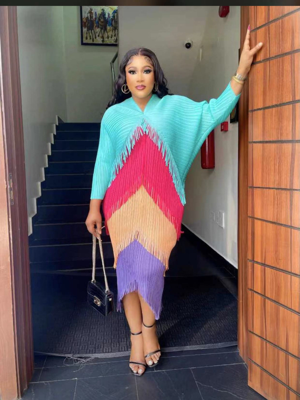 African Women Fashion Pleated Color Matching Dress