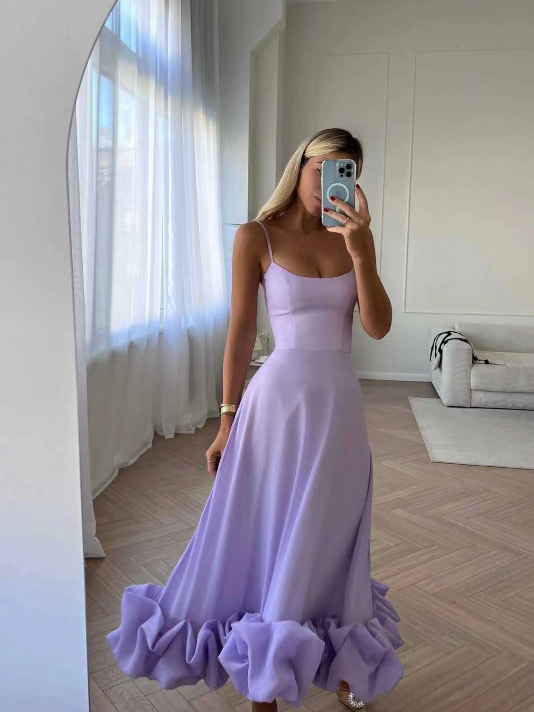 Women Fashion Elegant Solid Color Spaghetti Strap Dress