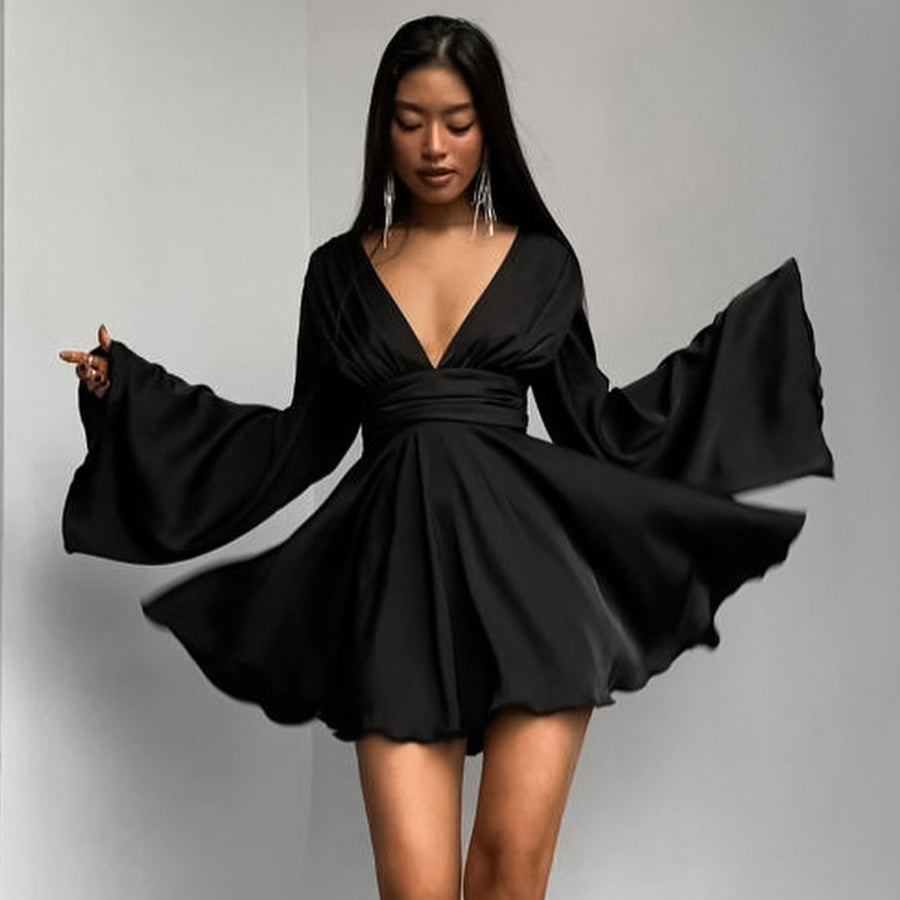 Women Fashion Sexy Deep V Acetic Satin Flare Sleeve Dress