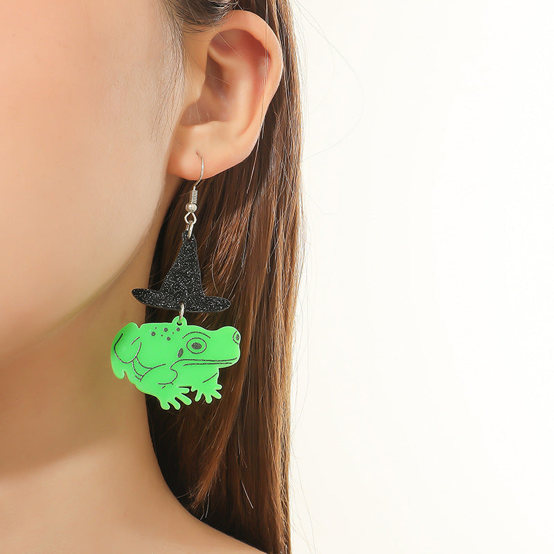 Halloween Women Fashion Creative Funny Acrylic Witch Hat Frog Earrings