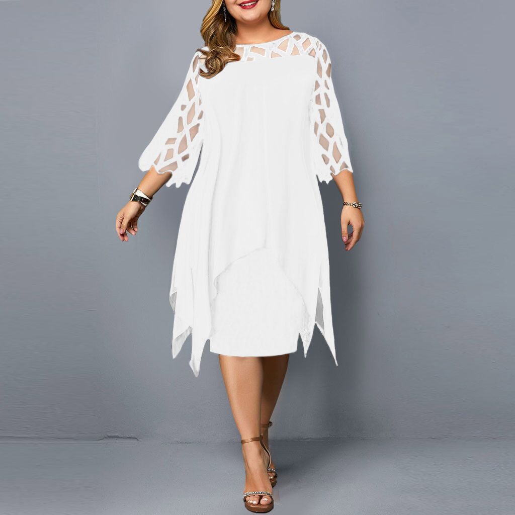 Vestido informal de gasa de manga larga con detalles de encaje para mujer, talla grande