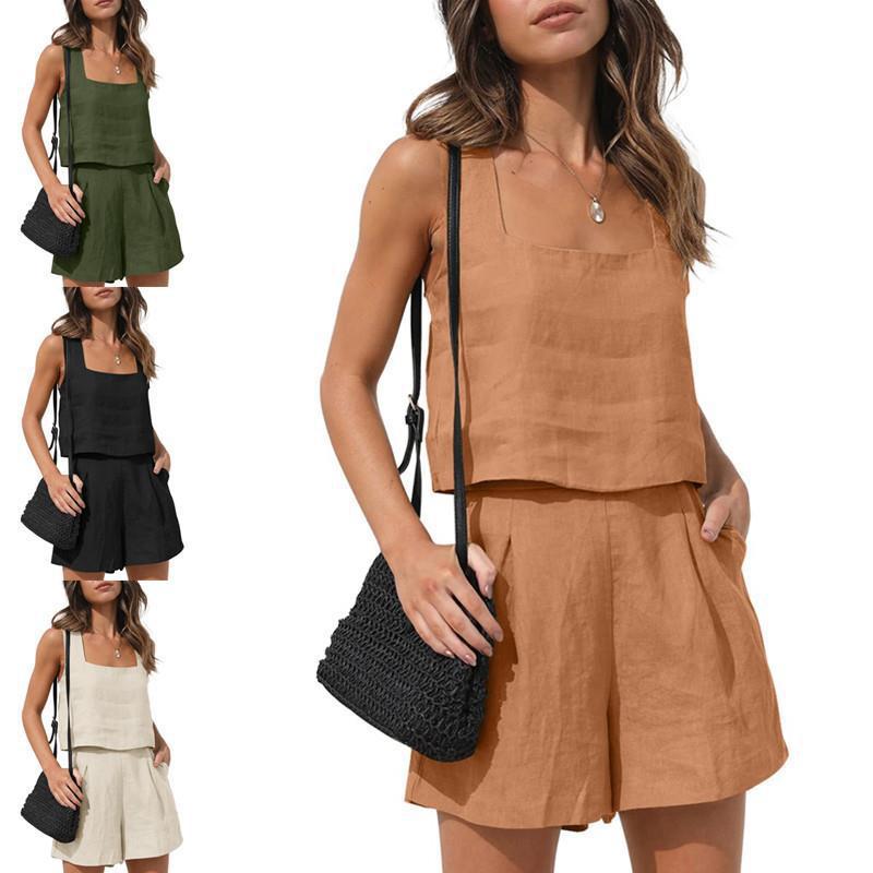 Women Casual Solid Color Linen Two-Piece Set