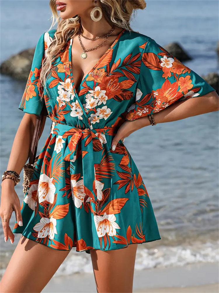 Women Casual Vacation Printed V-Neck Rompers
