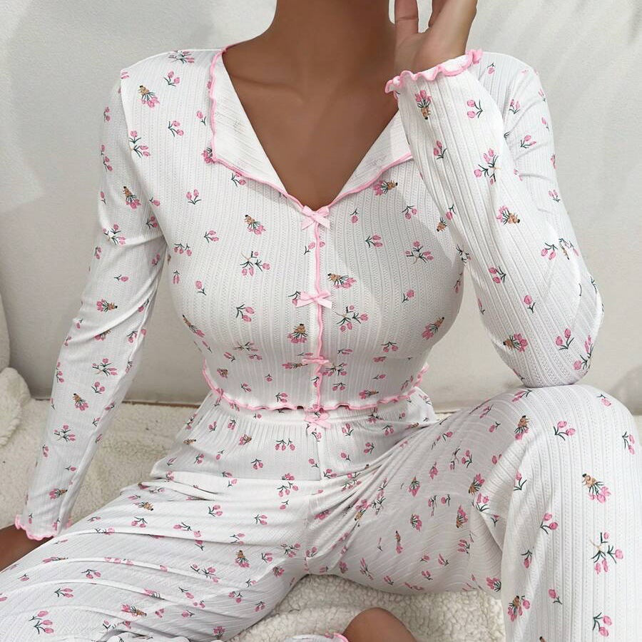 Women Fashion Casual Printed Lapel Long Sleeve Pajamas Set