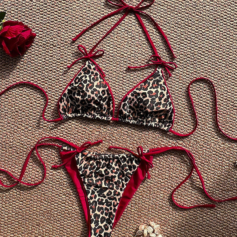 Maillot de bain bikini à lacets et blocs de couleurs léopard sexy pour femmes