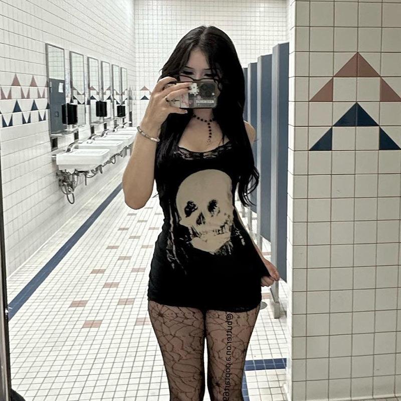 Robe sexy en dentelle gothique à imprimé tête de mort pour femme