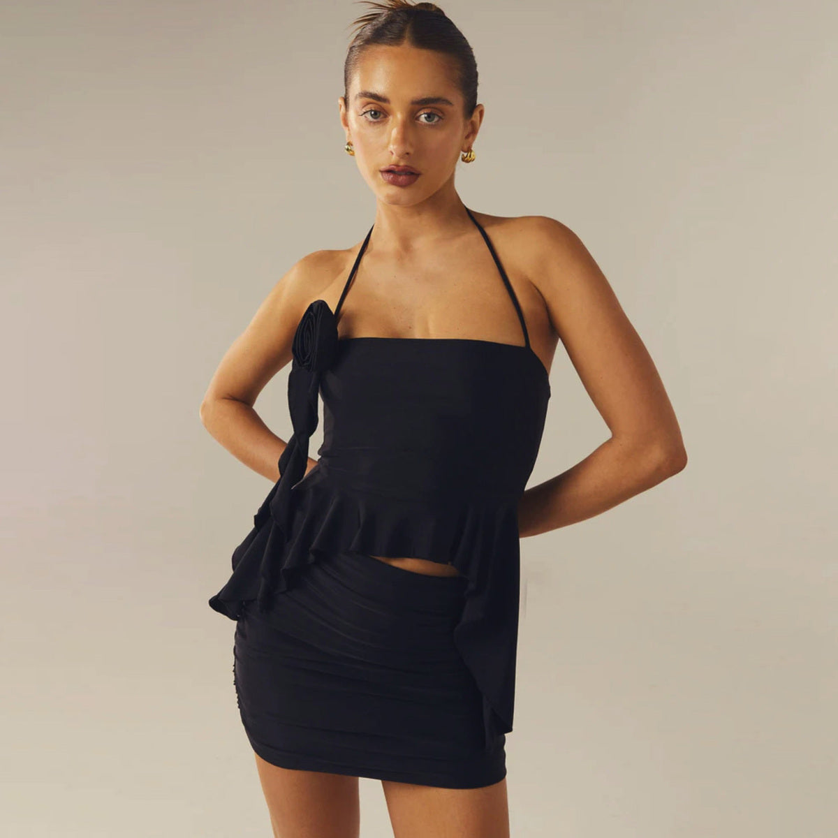 Women Fashion Sexy Solid Color Halter Neck Floral Camisole and Pleated Skirt Set
