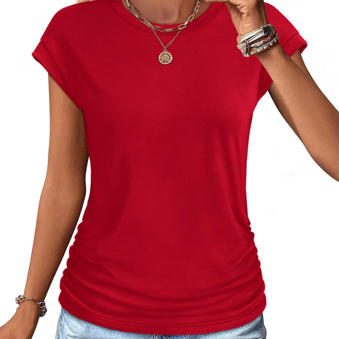 Camiseta informal de manga corta de algodón y seda de color liso para mujer