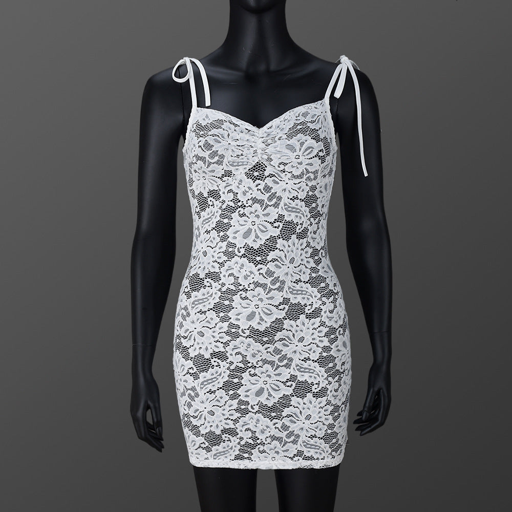 Women See-Through Lace Slim-Fit Dress with V-Neck