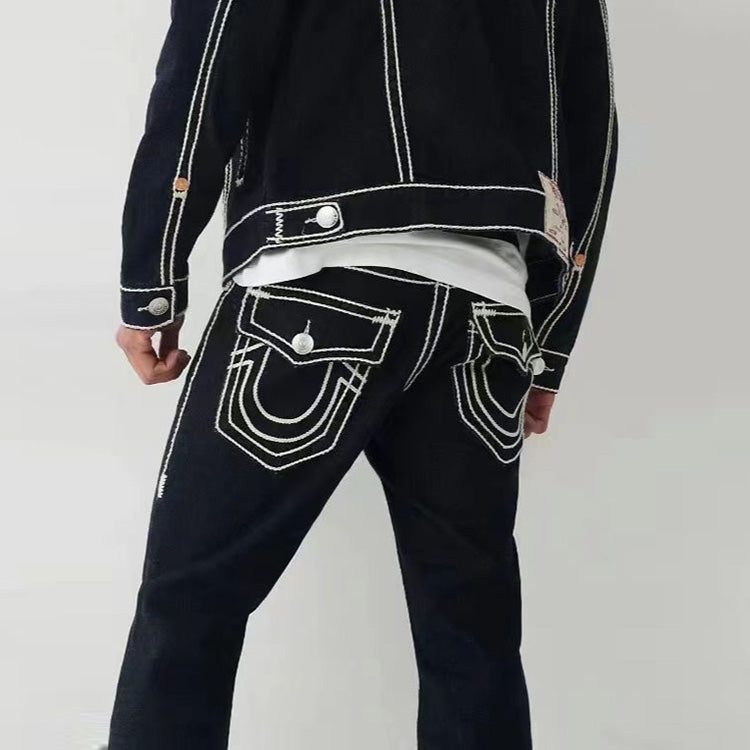 Vaqueros rectos de línea gruesa de moda casual para hombre