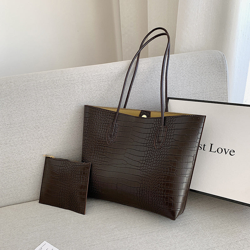 Simple Solid Color Crocodile Print Large Capacity Tote Bag
