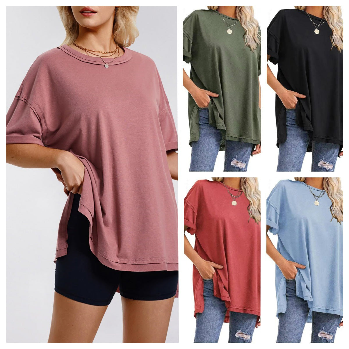 Women Casual Solid Crewneck Loose Tee in Cotton