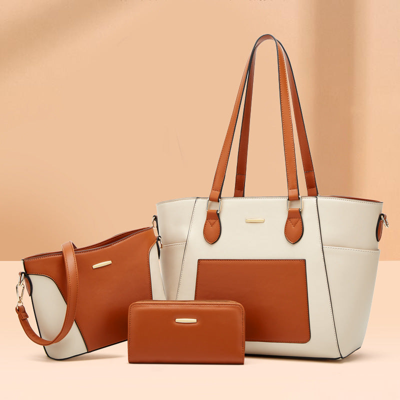 Ensemble de trois sacs à main tendance de grande capacité avec coutures contrastées