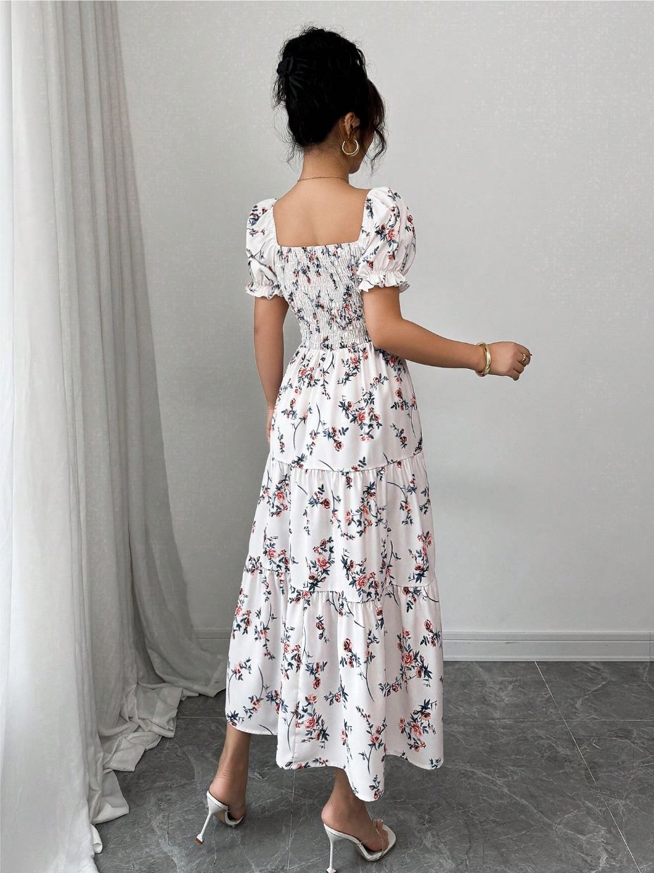 Women Fashion Floral Printed Square Neck Dress