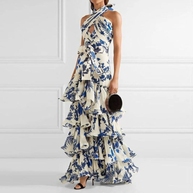 Vestido largo informal de verano estilo bohemio con cuello halter y espalda descubierta