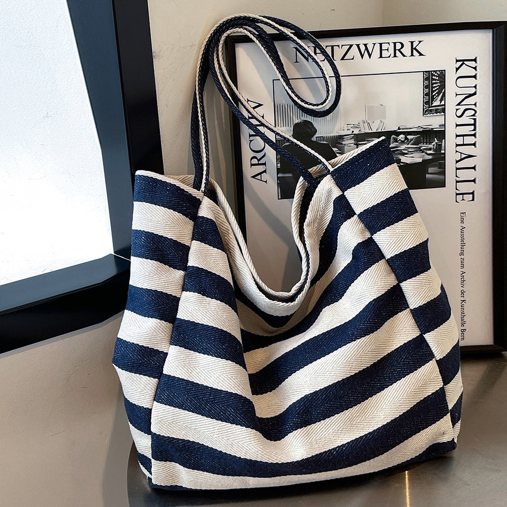 Sac fourre-tout simple et décontracté en toile à rayures de grande capacité