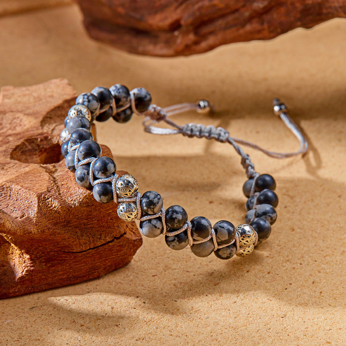 Women Fashion Casual Boho Handmade Woven Double-Layer Winding Natural Stone Bracelet