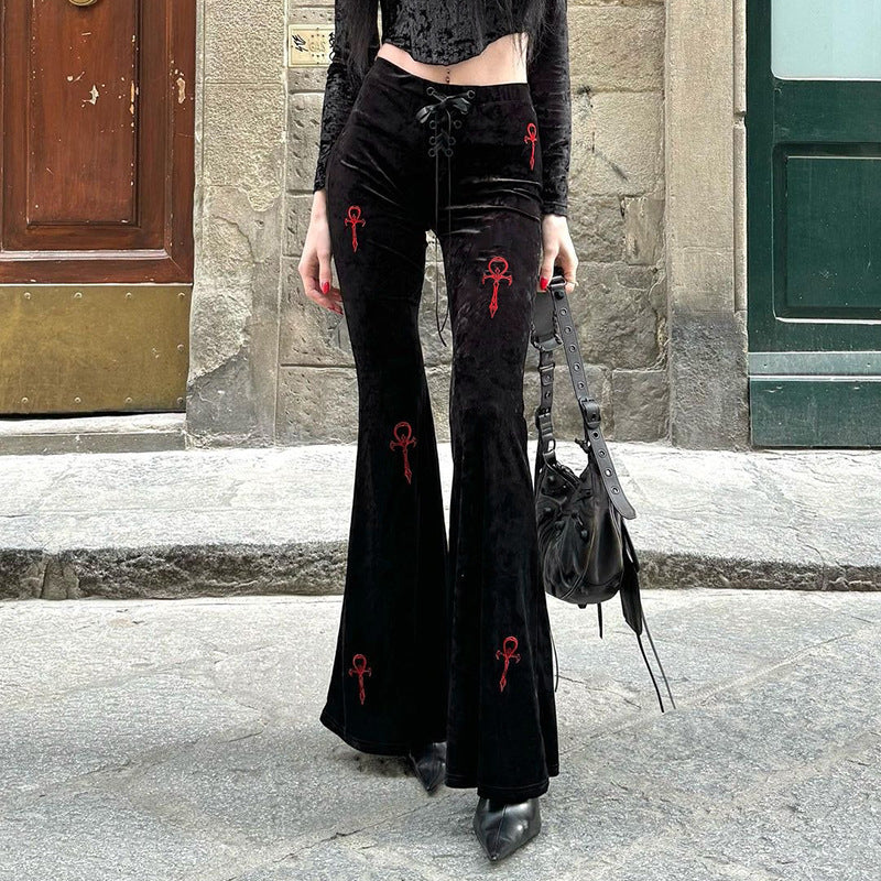 Women Fashion Casual Gothic Cross Embroidered Pants