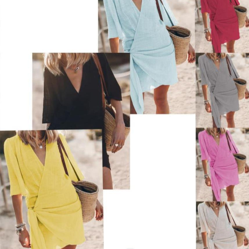 Vestido informal de verano para mujer, de lino y algodón con escote en V cruzado