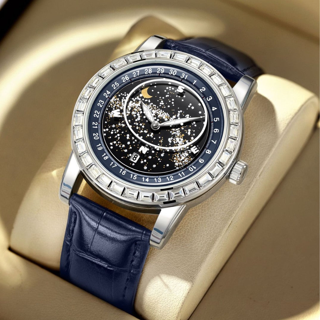 Men Casual Rotating Sky Star Rhinestone Waterproof Watch - Stylish and Durable
