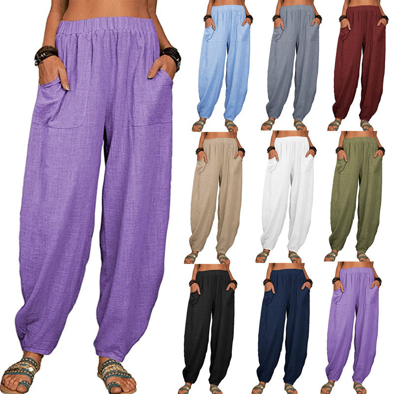 Pantalones harén de lino y algodón informales a la moda para mujer