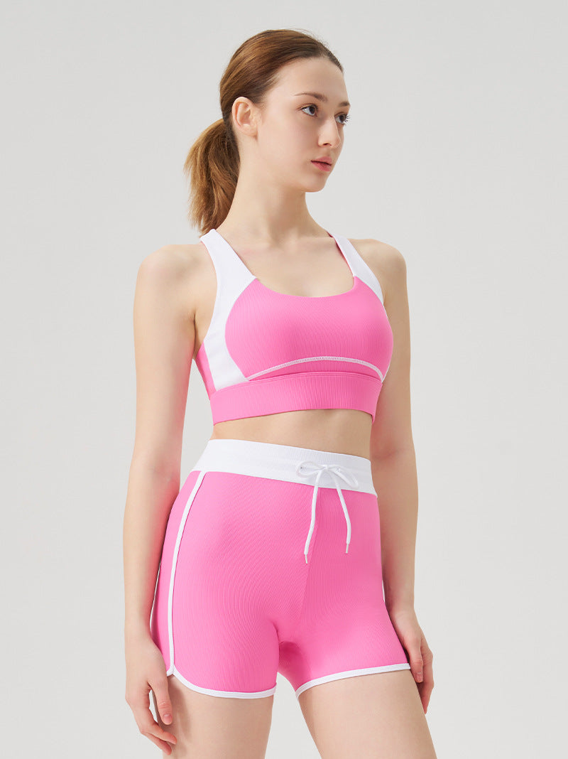 Women Fashion Contrast Color Backless Tank Top and Shorts Two-Piece Set