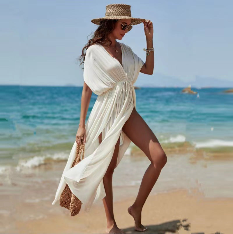 Women Fashion Sexy Cotton Solid Color Backless Swimsuit Cover-Up