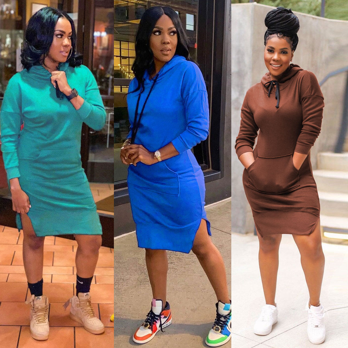 Women Fashion Solid Color Hooded Long Sleeve Dress