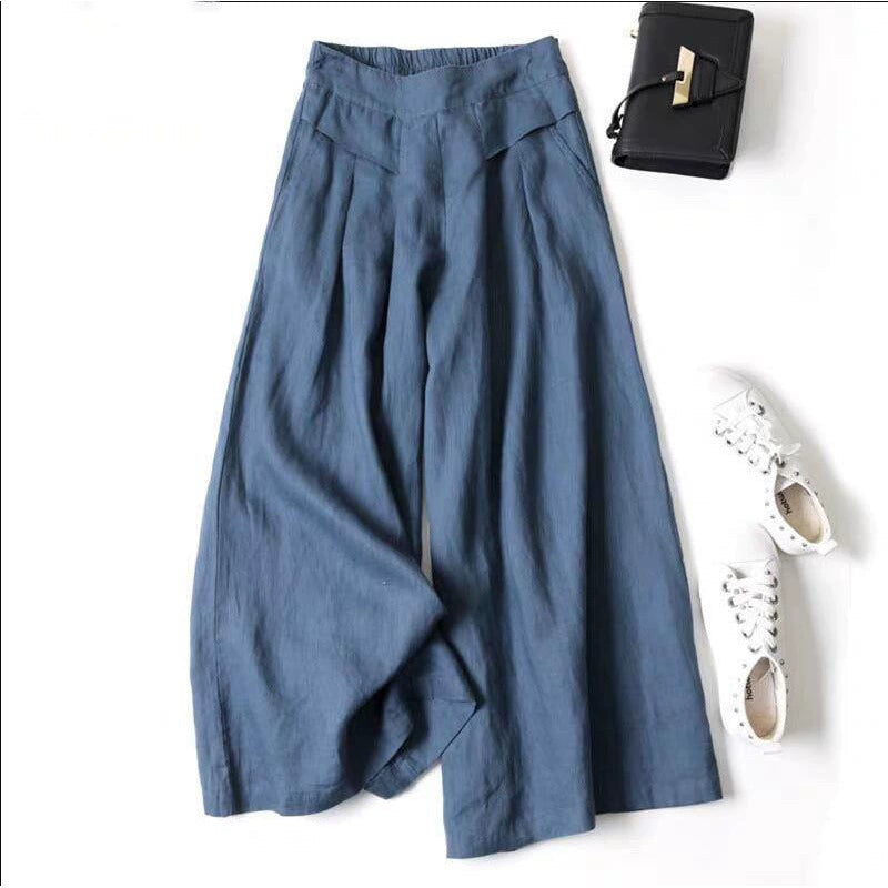 Pantalones anchos informales de algodón y lino de color liso para mujer