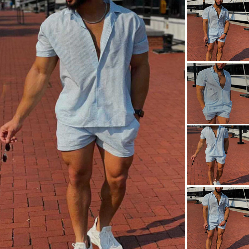 Conjuntos de camisa y pantalones cortos de manga corta con solapa a rayas estilo vacacional para hombre