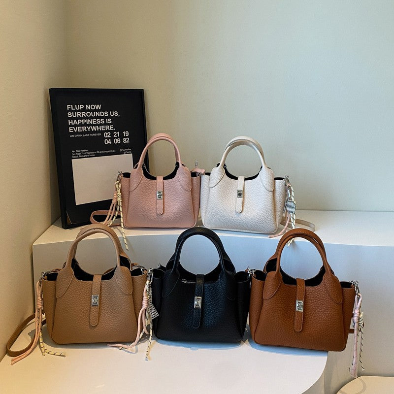 Sac à main seau décontracté de couleur unie pour femme avec motif litchi