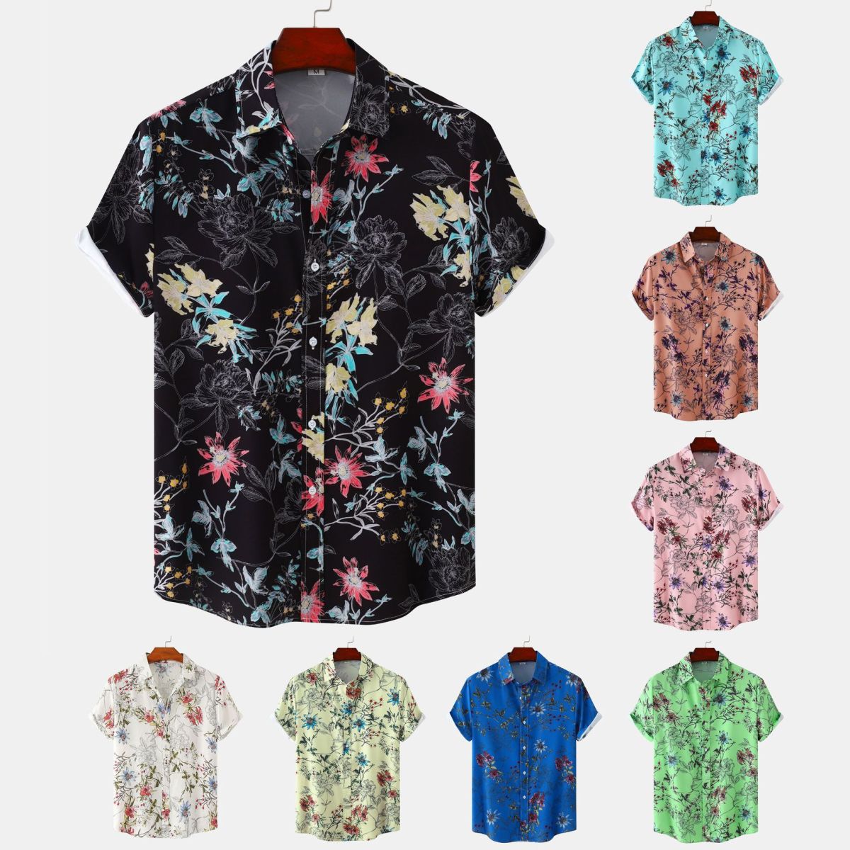 Men Summer Leisure Vacation 3D Tiny Flower Print Short Sleeve Lapel Shirt