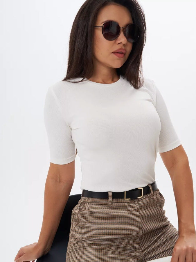 Women Fashion Solid Color Elastic Short Sleeve T-Shirt