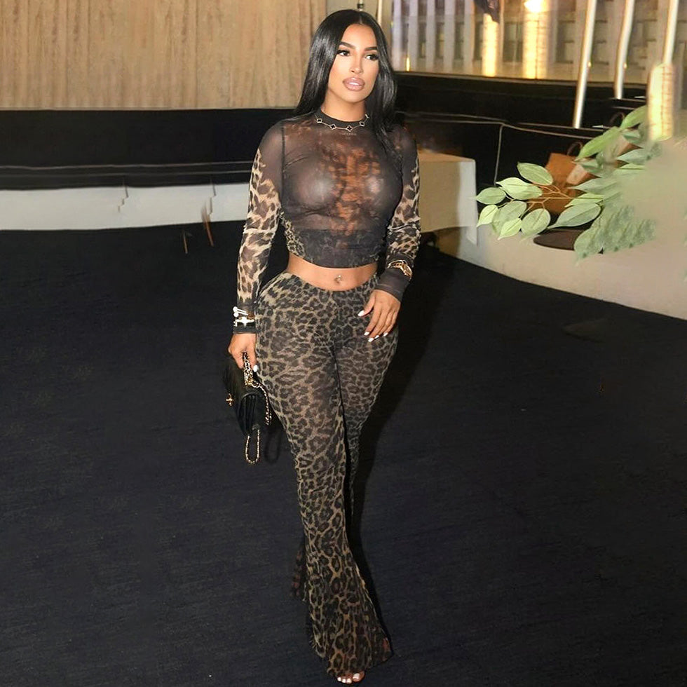Conjunto de dos piezas con estampado de leopardo sexy para mujer