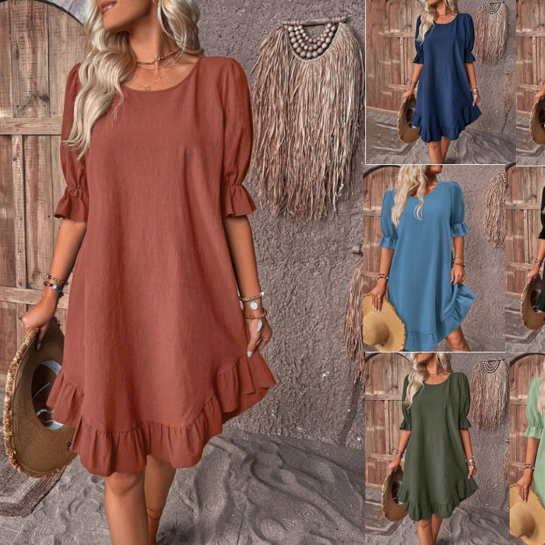 Vestido informal de lino y algodón de moda de verano para mujer