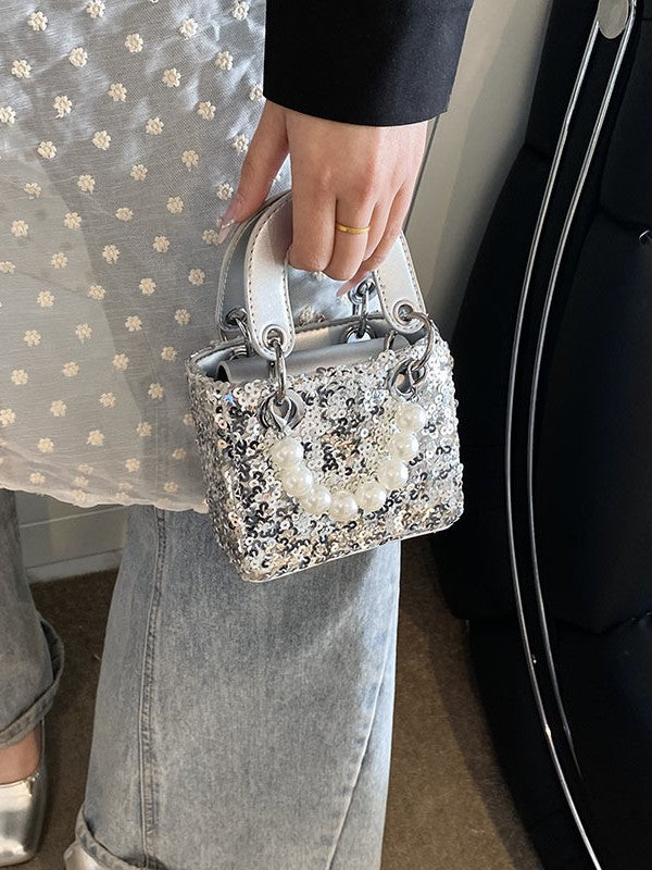Mini bolso bandolera de verano con lentejuelas brillantes y correa de perlas
