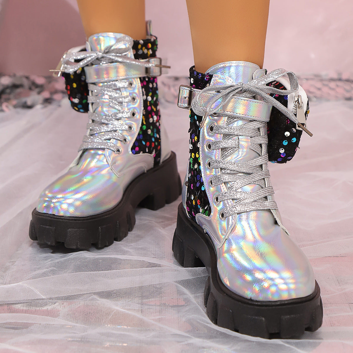 Colorful Stitching Sequin Ankle Boots for Women