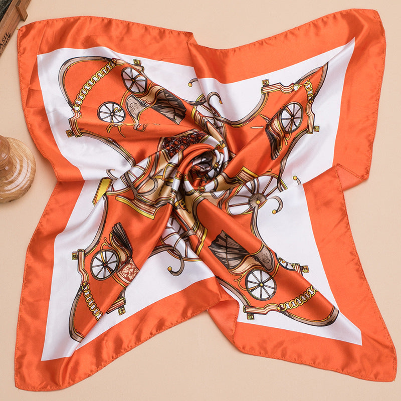 Grand foulard carré en satin imprimé mode femme, joli motif floral