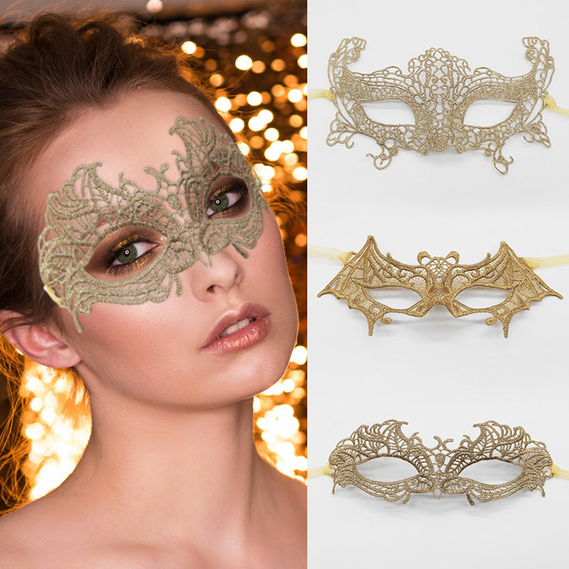 Women Sexy Hollow Half Face Gold Thread Lace Mask