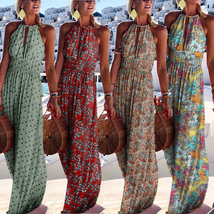 Women Summer Vacation Casual Boho Floral Print Halter Neck Maxi Dress