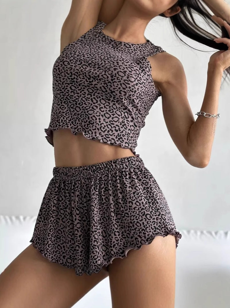 Women Stylish Printed Edge Curl Tank Top and Loose Shorts Pajama Set