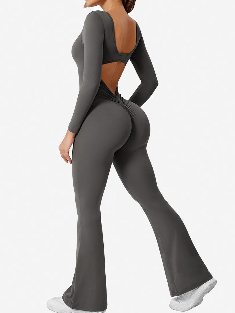 Women Fashion Casual Solid Color Square Neck Long-Sleeve Backless Jumpsuits