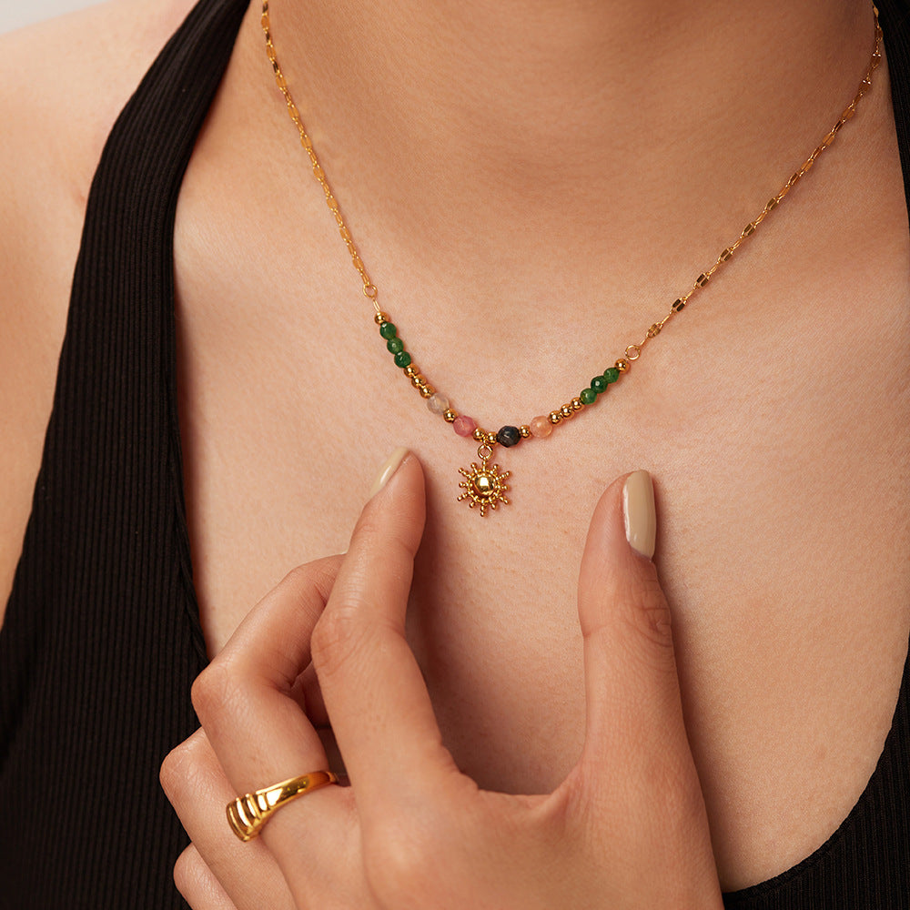 Collar con colgante de sol de piedra natural retro de moda para mujer