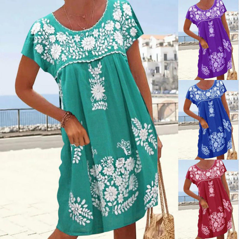 Women Casual Boho Short Sleeve Floral Print Round Neck Loose Dress