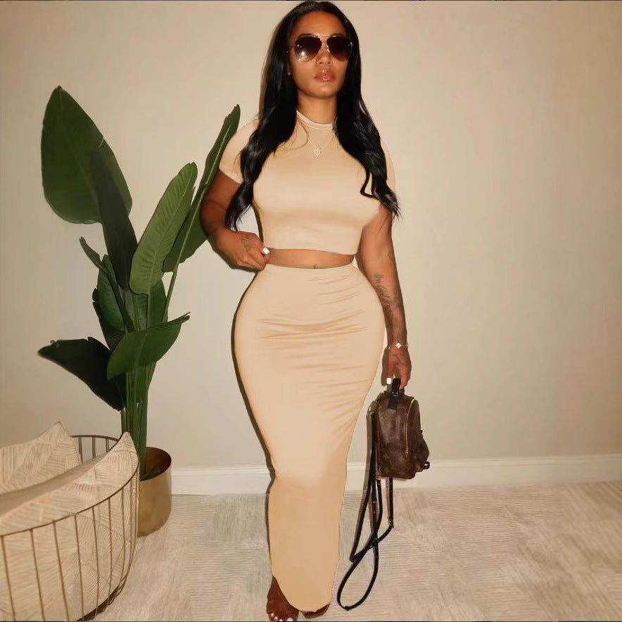 Women Short-Sleeve Solid Color T-Shirt and High Waist Skirt Two-Piece Set