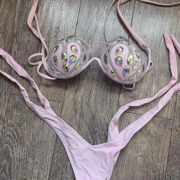 Bikini sexy con cuello halter y diamantes de imitación para mujer