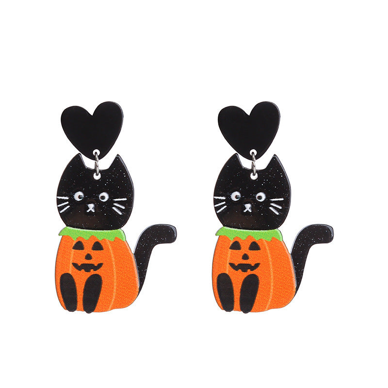 Pendientes acrílicos divertidos de calabaza y gato para Halloween para mujer