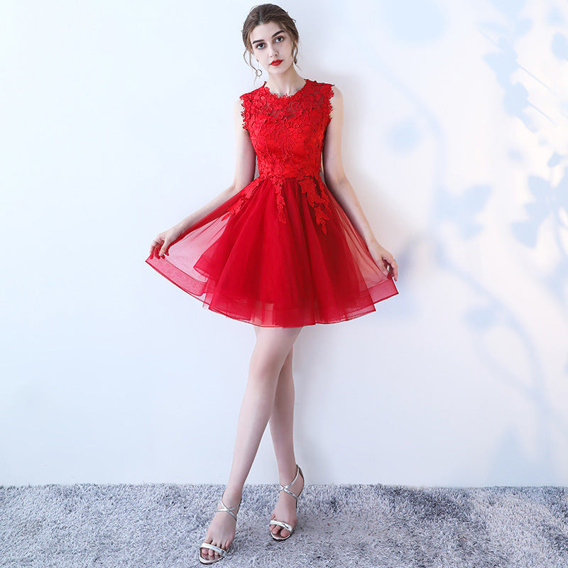 Women Banquet Evening Dress Short Lace Mesh Princess Black Party Cocktail Dress